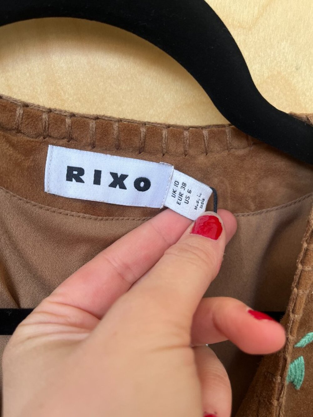 RIXO Tan Suede Embroidered Collar Jacket - Picture 5 of 6
